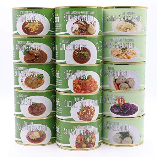 Rationspaket Mittel/Genieserpaket Notfall Rations Paket – 8 Tage – 8 Menüs – Schweinebraten, Gulasch, Sauerbraten, Rinderbraten, Schweinegeschnetzeltes – Diem 15x 400g Konserve – Langes MhD Rationspaket Mittel/Genieserpaket Notfall Rations Paket – 8 Tage – 8 Menüs – Schweinebraten, Gulasch, Sauerbraten, Rinderbraten, Schweinegeschnetzeltes – Diem 15x 400g Konserve – Langes MhD von Diem