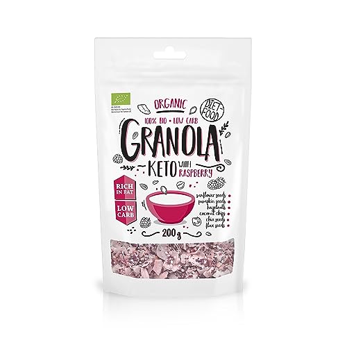 DIET-FOOD Keto Granola mit Himbeere Low Carb und Fettarm Glutenfreies Granola Frühstücksmüsli Non-GMO Snack Ohne Zuckerzusatz 200g 1er Pack von Diet-Food