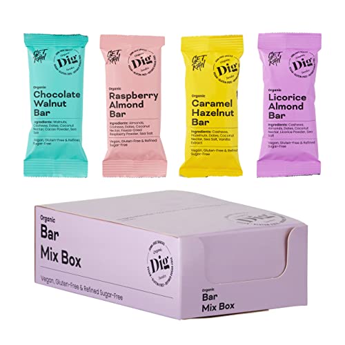Dig/Get Raw - Bar/Riegel Mix Box - Snacks aus biologischen, natürlichen Zutaten - Vegan, glutenfrei und raffiniert, zuckerfrei (12x42g) - Ein toller Snack für Partys, Firmen, Tagungsräume von Dig