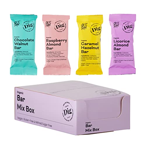 Dig/Get Raw - Bar/Riegel Mix Box - Snacks aus biologischen, natürlichen Zutaten - Vegan, glutenfrei und raffiniert, zuckerfrei (12x42g) - Ein toller Snack für Partys, Firmen, Tagungsräume von Dig