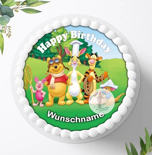 Für den Geburtstag ein Tortenbild mit Wunschname, Zuckerbild mit dem Motiv: Winnie Pooh, Essbares Foto für Torten, Fondant, Tortenaufleger Ø 20cm, 0559w von Digital-on