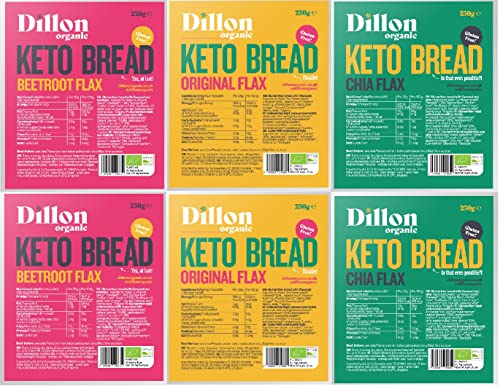 Dillon Organic Keto Brot Mixed Selection | Glutenfrei | Original Flachs, Chia Flachs & Rote Beete Flachs | 2 von jedem Geschmack | 6 x 250g Dillon Organic Keto Brot Mixed Selection | Glutenfrei | Original Flachs, Chia Flachs & Rote Beete Flachs | 2 von jedem Geschmack | 6 x 250g von Dillon Organic