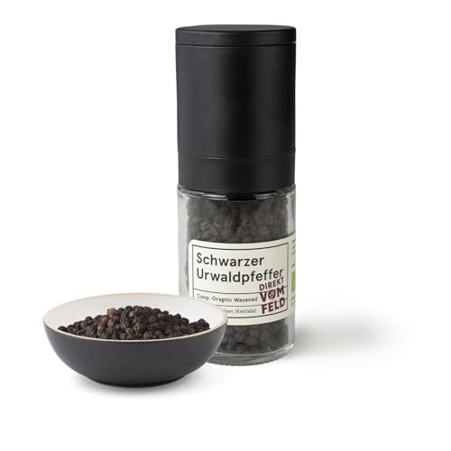 Direkt vom Feld® Schwarzer Urwaldpfeffer aus Wayanad | BIO, ganz | 50g inkl. Keramikmühle von Direkt vom Feld