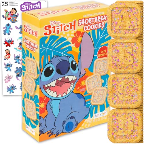 Disney Lilo and Stitch Shortbread Cookies Snackbox (170 ml) – Speisekammer, Geburtstagsparty, Gastgeschenke, Kekspackung mit Stich bestreuten Keksen, süßen Leckereien, Aufklebern, Kinder-Snacks für von Disney