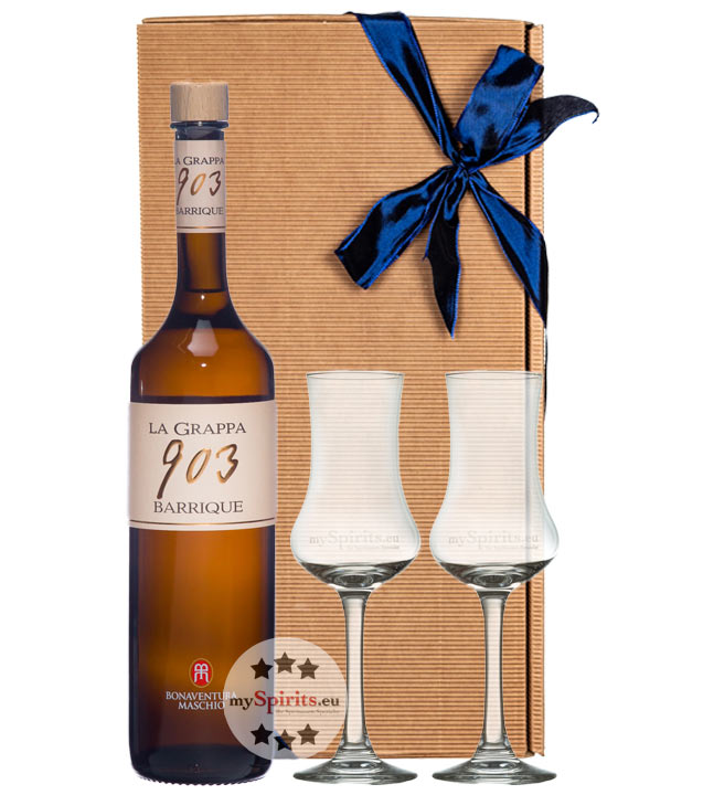 Bonaventura Maschio 903 Barrique Grappa Geschenkset mit 2 Gläsern (40 % Vol., 0,7 Liter) von Distilleria Bonaventura Maschio