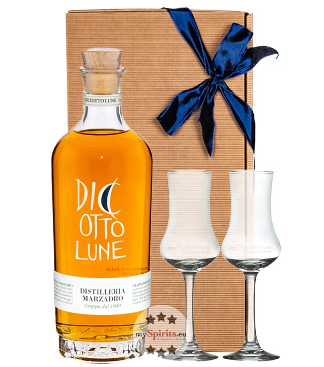 Marzadro Geschenk-Set Grappa Stravecchia Le Diciotto Lune + 2 Gläser (41 % vol., 0,7 Liter) von Distilleria Marzadro