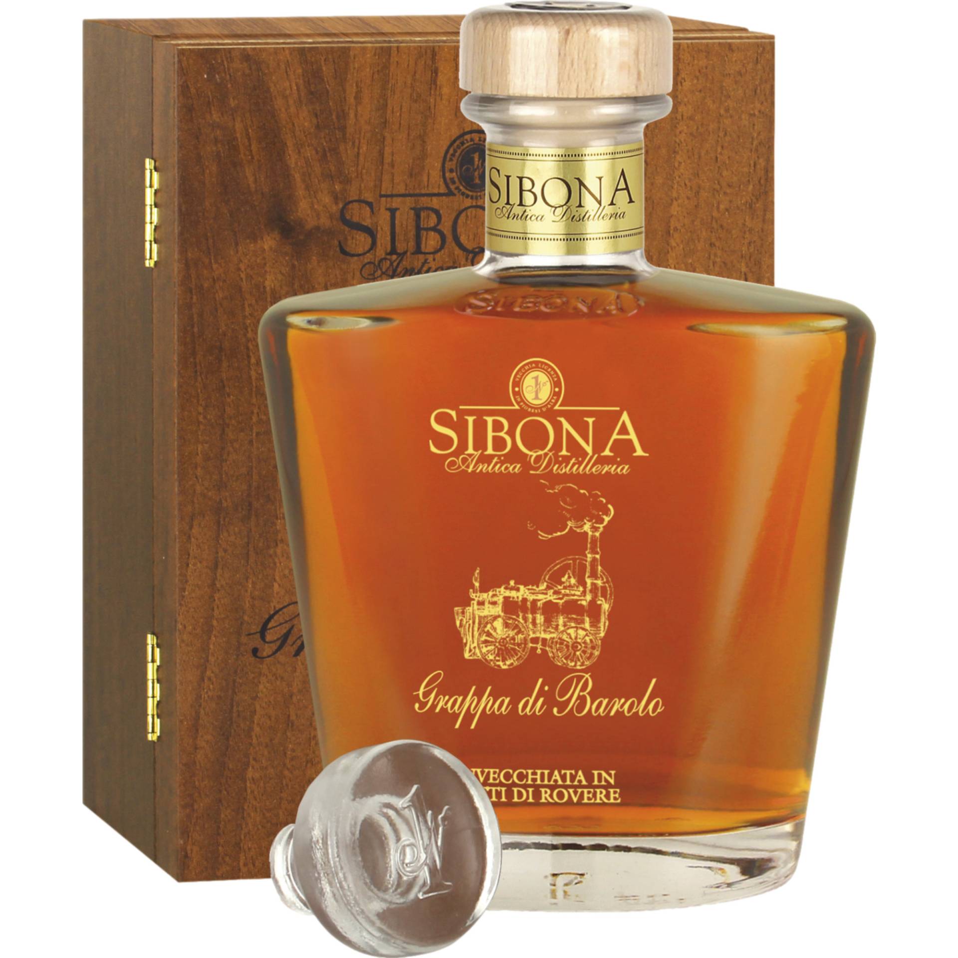 Sibona Grappa di Barolo Invecchiata, Italien, 0,7 L, 44% Vol., in Holzetui, Piemont, Spirituosen von Distilleria Sibona SPA, Via Castellero 5 I-12040 Piobesi d'Alba (CN)