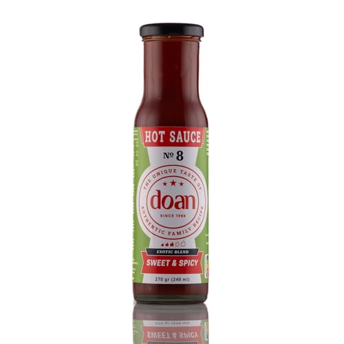 DOAN® Hot Sauce No. 8 Sweet & Spicy 240ml-270gr | Scharf | Würzige Tomaten-Chili-Sauce | Langsam geschmort, Kleinserie | Perfekt für Dips, BBQ, Käse & mehr von Doan