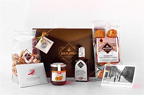 Geschenkpackung Fantasia - Aprikose Extra Marmelade 220g, Safran von Navelli 0,3g, Schokoladenkekse Tozzetti 200g, Amaretti Kekse 200g, Likör Amaro von Abruzzen 10cl - Dolci Aveja von Dolci Aveja