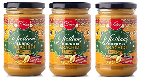 3x Dolgam I Siciliani Burro di Arachidi Crunchy Knusprige Erdnussbutter Sizilianische Spezialitäten Glasgefäß von 300g Streichfähige Knusprige Erdnussbutter Glutenfrei von Dolgam