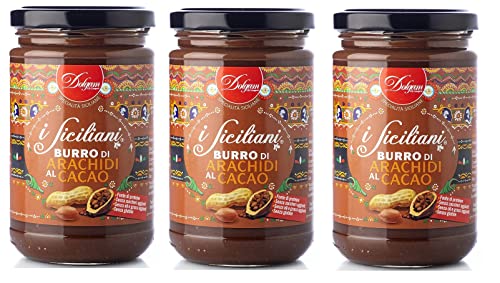 3x Dolgam I Siciliani Burro di Arachidi al Cacao Kakao-Erdnussbutter Sizilianische Spezialitäten Glasgefäß von 300g Streichfähige Kakao-Erdnussbutter Glutenfrei von Dolgam