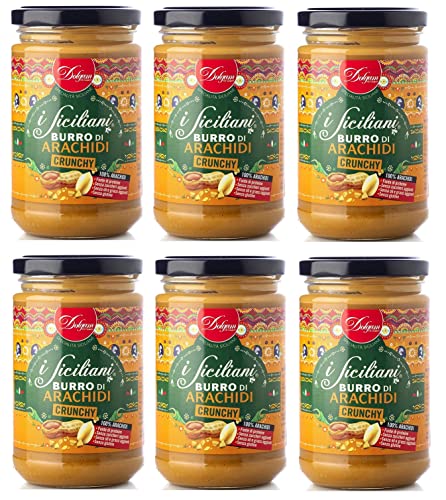 6x Dolgam I Siciliani Burro di Arachidi Crunchy Knusprige Erdnussbutter Sizilianische Spezialitäten Glasgefäß von 300g Streichfähige Knusprige Erdnussbutter Glutenfrei von Dolgam