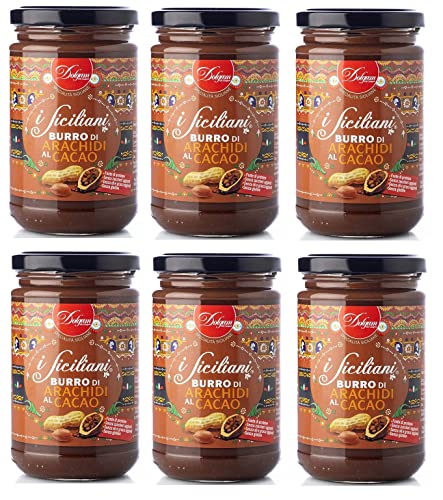 6x Dolgam I Siciliani Burro di Arachidi al Cacao Kakao-Erdnussbutter Sizilianische Spezialitäten Glasgefäß von 300g Streichfähige Kakao-Erdnussbutter Glutenfrei von Dolgam