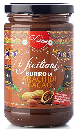 Dolgam I Siciliani Burro di Arachidi al Cacao Kakao-Erdnussbutter Sizilianische Spezialitäten Glasgefäß von 300g Streichfähige Kakao-Erdnussbutter Glutenfrei von Dolgam