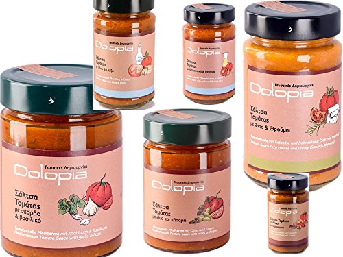 Gourmet Tomatensaucen 6er Pack 6 x 250g - 350g ausgewählt aus Sorten wie z.B. mit Basilikum & Knoblauch, Fetakäse & Bohnenkraut, Thunfisch & Ouzu, Oliven & Kapern | Pasta Sauce, Tomatensauce ohne Zucker, Tomatensauce Pizza, Tomatensaucen, Tomaten Sauce, Pizzasauce, Pizza Saucen, Pizza Sauce, Pizza Soße, Lasagne Sauce, Vorratspackung, Vorratspack, Großverbraucher, Großverbraucher Packung, Großpackung, Gourmet Tomatensaucen 6er Pack 6 x 250g - 350g ausgewählt aus Sorten wie z.B. mit Basilikum & Knoblauch, Fetakäse & Bohnenkraut, Thunfisch & Ouzu, Oliven & Kapern | Pasta Sauce, Tomatensauce ohne Zucker, Tomatensauce Pizza, Tomatensaucen, Tomaten Sauce, Pizzasauce, Pizza Saucen, Pizza Sauce, Pizza Soße, Lasagne Sauce, Vorratspackung, Vorratspack, Großverbraucher, Großverbraucher Packung, Großpackung, von Dolopia
