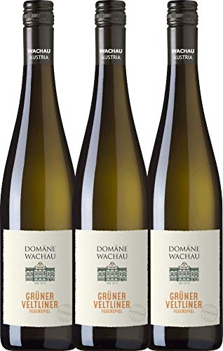 VINELLO 3er Weinpaket Weißwein - Grüner Veltliner Federspiel Terrassen 2020 - Domäne Wachau mit einem VINELLO.weinausgießer | trockener Weißwein | österreichischer Sommerwein aus Wachau | 3 x 0,75 Liter von Domäne Wachau