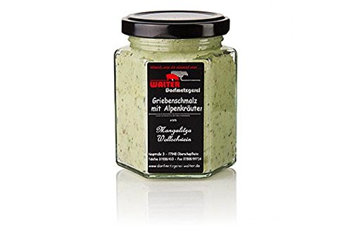 Griebenschmalz mit Alpenkräutern, vom Mangaliza Wollschwein, 140g Griebenschmalz mit Alpenkräutern, vom Mangaliza Wollschwein, 140g von Dorfmetzgerei Walter