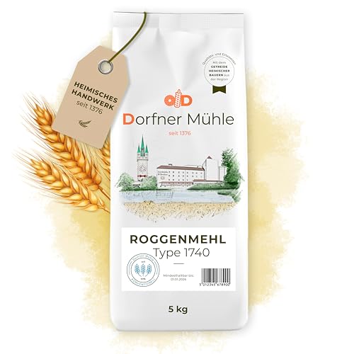 Roggenmehl Type 1740 [5kg] - Sehr Dunkles Roggenmehl aus Bayern für rustikale Roggenbrote und Mischbrote - 100% Roggen ohne Zusätze von Dorfner Mühle