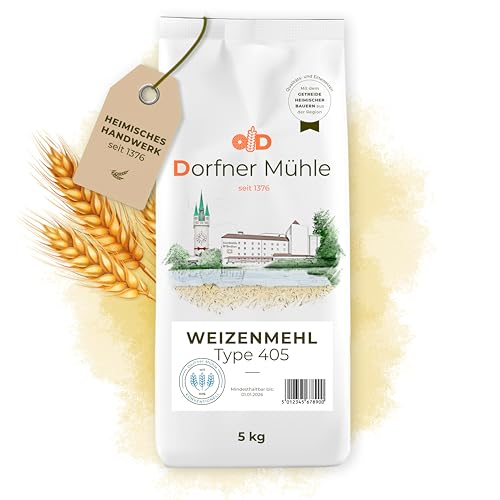 Weizenmehl Type 405 - Das klassische Haushaltsmehl für Kuchen, Plätzchen, Hefeteig - 100% Weizen ohne Zusätze (2.5, Kilogramm) von Dorfner Mühle