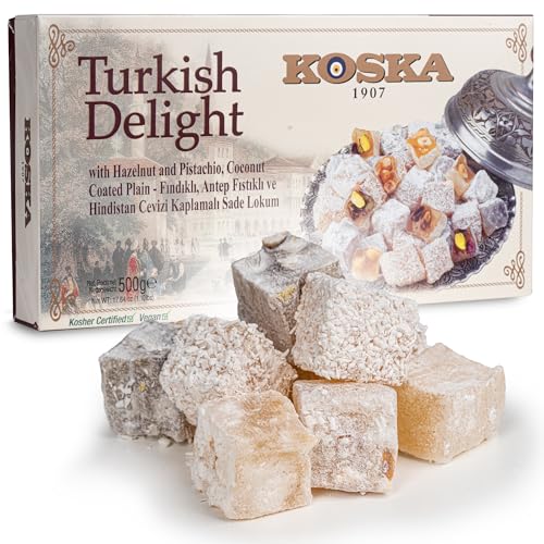 Lokum Haselnuss,Pistazien , Kokos , 500g I Türkischer Honig I Türkische Süßigkeit 500g I Geschenkgröße | Vegan | Halal | Koscher | Glutenfrei I Turkish Delight I Aromali Lokum I Ekstra Fistikli Lokum von DORiMED