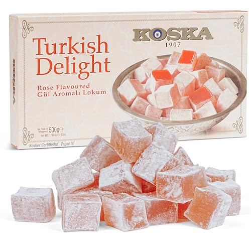 Rose Lokum 500 g, Türkischer Rosengenuss aus Koska | Geschenkgröße 500 gr | Vegan | Halal | Koscher | Glutenfrei I Turkish Delight, Gül Aromali Lokum, Türkischer Honig, Türkische Süßigkeit, von DORiMED