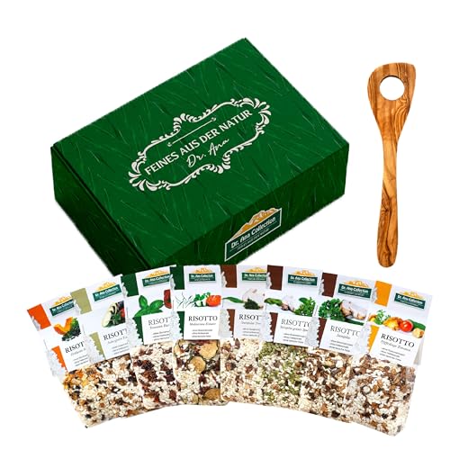 Dr. Ana Collection 8 vegane Risottos inkl. Risotto-Löffel aus Olivenholz | Feinkost Geschenkset | Geschenkkorb gefüllt mit Feinem aus der Natur | italienische Spezialität von Dr. Ana Collection