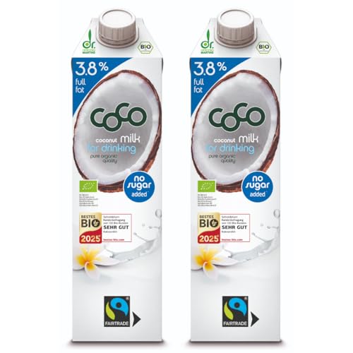 Dr. Antonio Martins - Coco Milk for Drinking mit 3,8% Fett I Leckere Milch Alternative I Ohne Zuckerzusatz | Vegan | Bio | FAIRTRADE (2x 1000 ml) von Dr. Antonio Martins