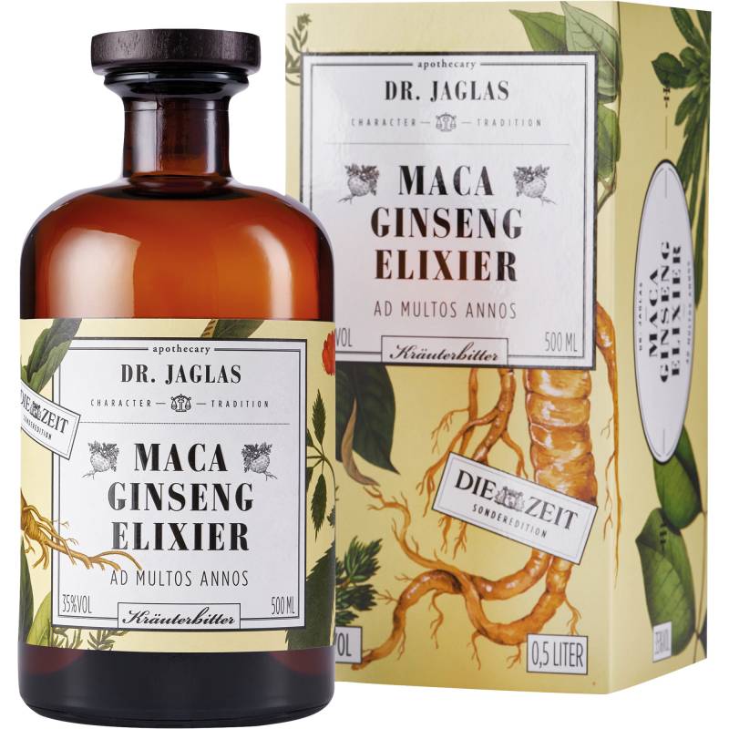 Dr. Jaglas Maca Ginseng Elixier, Kräuterbitter 35 % vol. 0,5 L, Spirituosen von Dr. Jaglas, Choriner Strasse 40, D - 10435 Berlin