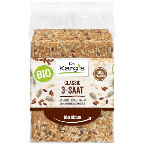 Dr. Karg’s BIO Knäckebrot Classic 3-Saat - knusprig, vegan, mit Sonnenblumenkernen, Leinsaat & Sesam, reich an Ballaststoffen, 100% Vollkorn & ohne Zusatzstoffe, 10x200g von Dr Karg