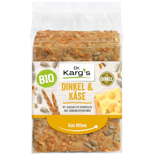 Dr. Karg’s BIO Knäckebrot Dinkel & Käse - knusprig, vegetarisch, mit Emmentaler & Sonnenblumenkernen, reich an Ballaststoffen, Dinkelvollkorn & ohne Zusatzstoffe, 10x200g von Dr. Karg