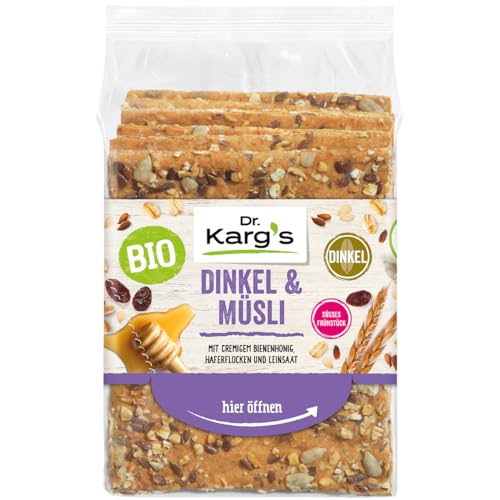 Dr. Karg’s BIO Knäckebrot Dinkel & Müsli - knusprig, vegetarisch, mit Bienenhonig & Sultaninen sowie Haferflocken, reich an Ballaststoffen, Dinkelvollkorn & ohne Zusatzstoffe, 10x200g von Dr. Karg