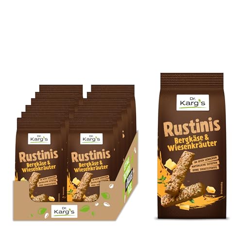 Dr. Karg’s Rustinis Vollkorn-Knabberei Bergkäse & Wiesenkräuter - knusprig, vegetarisch, Knuspergebäck aus Vollkorn, Bergkäse, würzigen Kräutern, ofengebacken, ohne Zusatzstoffe, 12x125g von Dr Karg