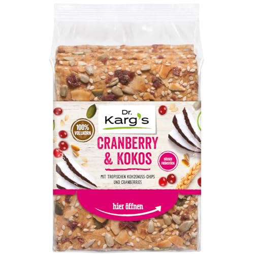 Dr. Karg’s Knäckebrot Cranberry & Kokos - knusprig, vegetarisch, mit Kokoschips & Cranberries sowie Bienenhonig, reich an Ballaststoffen, 100% Vollkorn & ohne Zusatzstoffe, 10x200g von Dr Karg