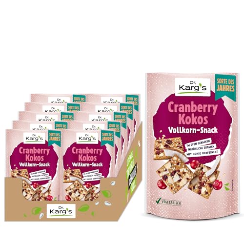 Dr. Karg’s Vollkorn-Snack Cranberry Kokos - knusprig, vegetarisch, Snack mit Kokos-Chips & Cranberries sowie Bienenhonig, 100% Vollkornmehl & ohne Zusatzstoffe, 10x110g von Dr Karg