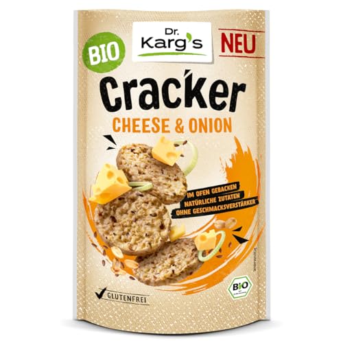 Dr. Karg’s glutenfreier Cracker Cheese & Onion in Bio Qualität – Emmentaler & Zwiebel, im Ofen gebacken, natürliche Zutaten, vegetarisch & ohne Geschmacksverstärker, 14x85g von Dr Karg