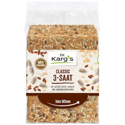 Dr. Karg’s Knäckebrot Classic 3-Saat - knusprig, vegan, mit Sonnenblumenkernen, Leinsaat & Sesam, reich an Ballaststoffen, 100% Vollkorn & ohne Zusatzstoffe, 10x200g von Dr Karg