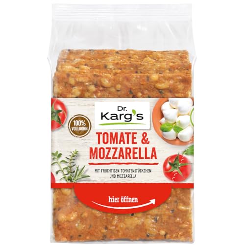 Dr. Karg’s Knäckebrot Tomate-Mozarella - knusprig, vegetarisch, fruchtige Tomatenstückchen & Mozarella, reich an Ballaststoffen, 100% Vollkorn & ohne Zusatzstoffe, 10 x 200g von Dr Karg