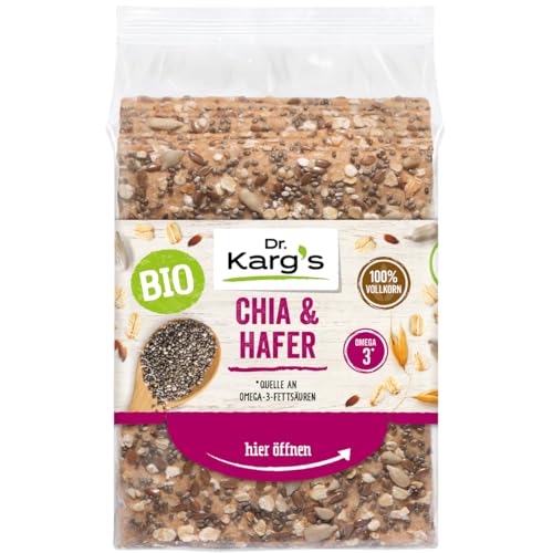 Dr. Karg’s BIO Knäckebrot Chia & Hafer - knusprig, vegan, mit Chia-Samen & Haferflocken, reich an Ballaststoffen, 100% Vollkorn & ohne Zusatzstoffe, Quelle an Omega-3 , 10x200g von Dr. Karg