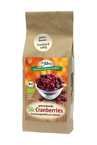 Bio Cranberries, getrocknet, mit Apfelsaft gesüßt, 250 g • Bio Cranberries aus Kanada • ganze Beeren, nicht geschnitten • aus biologischer Landwirtschaft von Dr. Metz