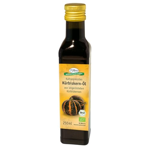Bio Kürbiskernöl, ungeröstet, kaltgepresst, 250 ml • reich an ungesättigten Fettsäuren • milder nussiger Geschmack • aus biologischer deutscher Landwirtschaft von Dr. Metz