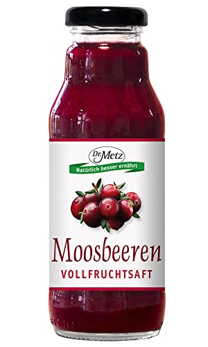 Moosbeeren-Vollfruchtsaft, 300 ml • 100% wilde Moosbeeren, anthocyanreich • besonders gehaltvoll und sämig: pürierte Beeren mit Fruchtfleisch, Schale und Kernchen • fruchtig-herb • ohne Zuckerzusatz von Dr. Metz