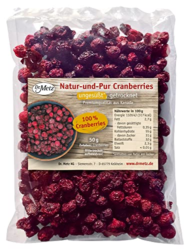 Natur-und-Pur Cranberries, getrocknet & ungesüßt, 50 g • zum Einweichen • aus Kanada • ohne Zucker- oder Saftzusatz • ideal für Overnight-Oats und zum Backen Natur-und-Pur Cranberries, getrocknet & ungesüßt, 50 g • zum Einweichen • aus Kanada • ohne Zucker- oder Saftzusatz • ideal für Overnight-Oats und zum Backen von Dr. Metz