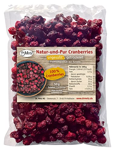 Natur-und-Pur Cranberries, getrocknet, ungesüßt • 100% Cranberries aus Kanada • einfach einweichen • ideal für Overnight-Oats, ins Müsli und zum Backen von Dr. Metz