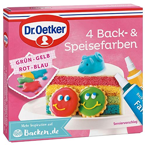 Dr. Oetker 4 Back- und Speisefarben, 4 x 20 g, Lebensmittelfarben (rot, blau, gelb & grün), zum Dekorieren und Verzieren von diversem Gebäck & Desserts, wiederverwendbar von Dr. Oetker