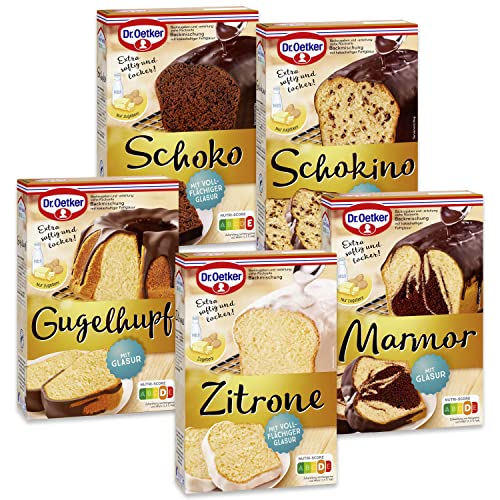 Dr. Oetker Backmischungen Kuchenmischungen 5er Probier-Set Zitronen Kuchen, Schoko Kuchen, Schokino Kuchen, Marmor Kuchen, Gugelhupf von Dr. Oetker