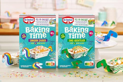 Dr. Oetker Baking Time 4er Probier-Set, 2 x Einhorn Zauber, 2 x Dino Abenteuer (4 x 300 g), ab 3 Jahren, jeweils 6 kleine Kuchen, Backmischung inkl. Spiel- und Rätselbogen von Dr. Oetker