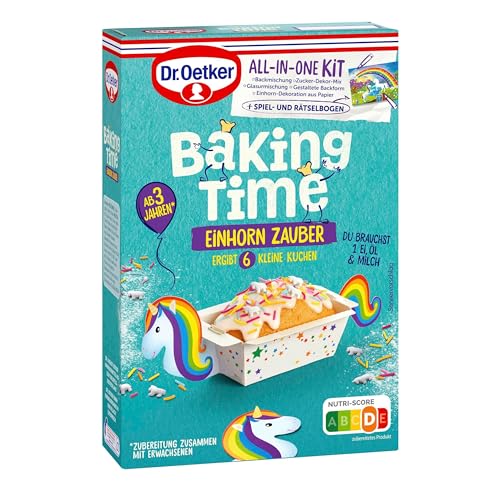 Dr. Oetker Baking Time Einhorn Zauber 4er Pack, 4 x 303 g, ab 3 Jahren, jeweils 6 kleine Kuchen, Backmischung inkl. Spiel- und Rätselbogen von Dr. Oetker