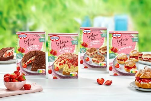 Dr. Oetker Erdbeer-Zeit 8er Set, Backmischung für 2x Erdbeer Maulwurf Kuchen, 2x Erdbeer Spaghetti Kuchen, 2x Erdbeer Tiramisu Schnitten und 2x Erdbeer Windbeutel von Dr. Oetker