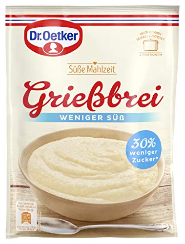 Dr. Oetker Süße Mahlzeit Grießbrei weniger süß, 12er Pack (12 x 76 g), Mischung für Grießbrei weniger süß für eine Hauptmahlzeit oder als süße Mahlzeit Zwischendurch von Dr. Oetker