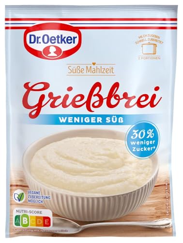 Dr. Oetker Süße Mahlzeit Grießbrei weniger süß, 12er Pack (12 x 76 g), Mischung für Grießbrei weniger süß für eine Hauptmahlzeit oder als süße Mahlzeit Zwischendurch von Dr. Oetker